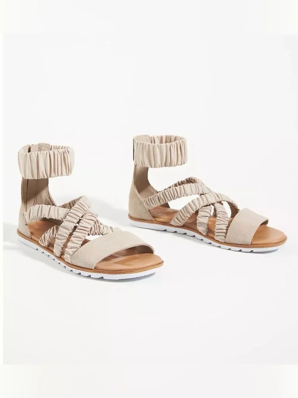 Sorel ELLA II Taupe Suede Leather Ruched Elastic Six Strap Flat Ankle Sandals